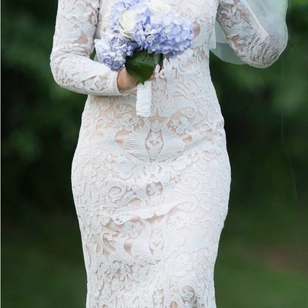 Tadashi Shoji Illusion Neckline Gown in Ivory Petal